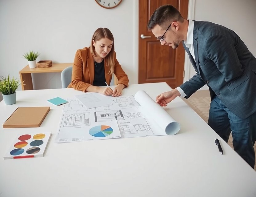 Renovation project management team collaborating on plans